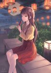  1girl artist_name bangs brown_eyes brown_hair closed_mouth commentary_request eating flower food from_side hair_flower hair_ornament hakama highres holding holding_food japanese_clothes la_campanella lantern long_hair long_sleeves looking_at_viewer night original outdoors red_hakama sitting solo 