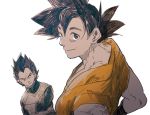  2boys armor black_eyes black_hair crossed_arms dougi dragon_ball dragon_ball_super dragonball_z fukuko_fuku gloves hand_on_hip looking_at_viewer looking_away male_focus multiple_boys serious short_hair simple_background smile son_gokuu spiky_hair vegeta white_background 