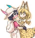  2girls animal_ears backpack bag black_eyes black_gloves black_hair blush bucket_hat commentary_request gloves hair_between_eyes hands_on_another&#039;s_hips hat hat_feather kaban_(kemono_friends) kemono_friends looking_away multiple_girls red_shirt seki_(red_shine) serval_(kemono_friends) serval_ears serval_print serval_tail shirt short_hair shorts smile tail wavy_hair yuri 