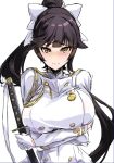  1girl azur_lane blush bow breasts gloves hair_bow large_breasts long_hair looking_at_viewer military military_uniform ponytail self_hug sketch sword takao_(azur_lane) tooya_daisuke uniform upper_body weapon 