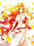  1girl bangs bishoujo_senshi_sailor_moon breasts butterfly cleavage closed_mouth dress gradient_hair looking_at_viewer multicolored_hair orange_eyes orange_hair parted_bangs petals redhead sailor_galaxia shirataki_kaiseki signature simple_background smile solo white_background white_dress 