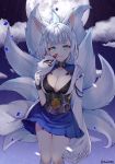  1girl animal_ears azur_lane backlighting bangs blue_eyes blue_skirt blunt_bangs blush breasts cleavage closed_mouth fox_ears fox_mask fox_tail full_moon hakama_skirt highres japanese_clothes kaga_(azur_lane) large_breasts long_sleeves looking_at_viewer mask moon multiple_tails night reel37891 short_hair silver_hair skirt smile solo tail wide_sleeves 