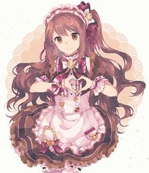  1girl alternate_costume blush brown_eyes brown_hair closed_mouth commentary_request enmaided frills hair_ornament heart heart_hands highres idolmaster idolmaster_cinderella_girls idolmaster_cinderella_girls_starlight_stage long_hair looking_at_viewer maid one_side_up puffy_sleeves shimamura_uzuki smile solo wrist_cuffs 