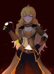  1girl belt blonde_hair breasts cleavage collar embers eyewear_removed gloves gradient gradient_background hand_on_hip highres long_hair mechanical_arm medium_breasts navel prosthesis rwby smile solo standing sunglasses violet_eyes yang_xiao_long zyl 
