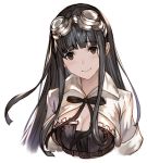  1girl bangs black_eyes black_hair blunt_bangs blush breasts cleavage closed_mouth goggles goggles_on_head granblue_fantasy jessica_(granblue_fantasy) lialight long_hair looking_at_viewer medium_breasts sidelocks smile solo upper_body 