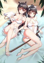  2girls absurdres animal_ears atago_(azur_lane) azur_lane bag barefoot bikini black_hair breasts brown_eyes casual_one-piece_swimsuit dog_ears from_above hair_flaps highres large_breasts long_hair looking_at_viewer lying multiple_girls navel one-piece_swimsuit ponytail sarong swimsuit sword takao_(azur_lane) weapon white_bikini white_swimsuit yiyu_qing_mang 