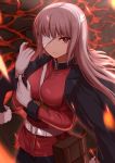 1girl bandage_over_one_eye between_breasts blush breasts brown_hair closed_mouth eyebrows_visible_through_hair fate/grand_order fate_(series) florence_nightingale_(fate/grand_order) gloves large_breasts long_hair looking_at_viewer red_eyes solo strap_cleavage takamiya_nao white_gloves 
