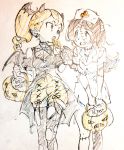  2girls barbara_parker candy commentary_request demon_horns demon_wings fake_horns fake_wings food halloween halloween_costume hanna_england hat highres horns jack-o&#039;-lantern little_witch_academia lollipop miyazaki_shiori multiple_girls nurse nurse_cap pantyhose sketch torn_clothes torn_pantyhose wings zombie 