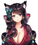  1girl animal_ears azur_lane bangs black_hair blue_eyes bow breasts butterfly_hair_ornament cat_ears cleavage closed_mouth fusou_(azur_lane) hair_bow hair_ornament hair_over_shoulder japanese_clothes kimono large_breasts long_hair looking_at_viewer red_ribbon ribbon shiny shiny_hair simple_background smile solo tsukiriran upper_body white_background 
