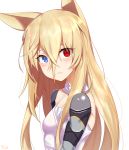  1girl animal_ears armor armpit_peek bangs blonde_hair blush breasts choker closed_mouth dress elbow_gloves expresisonless eyebrows_visible_through_hair eyes_visible_through_hair from_side g41_(girls_frontline) girls_frontline gloves hair_between_eyes heterochromia highres kuki_panda_(wkdwnsgk13) lips lipstick long_hair looking_at_viewer makeup signature simple_background small_breasts solo very_long_hair white_background 