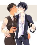  2boys black_hair blush bottle closed_eyes cup dark_skin dark_skinned_male drinking_glass grey_eyes hand_on_another&#039;s_hip imminent_kiss lee_seung-gil male_focus multiple_boys necktie open_clothes open_shirt phichit_chulanont shirt smile waistcoat wine_glass yaoi yuri!!!_on_ice yuuki_(kkurcc) 