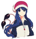  1girl alternate_costume alternate_hair_length alternate_hairstyle blouse blue_eyes blue_hair closed_mouth doremy_sweet hat highres jewelry long_hair looking_at_viewer multiple_tails nightcap pendant red_hat shishi_osamu simple_background solo tail tapir_tail touhou unbuttoned upper_body very_long_hair white_background white_blouse wing_collar 