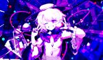  1girl ;d abstract_background apartment balcony blue double_v fingerless_gloves frilled_sleeves frills gloves hat highres komeiji_koishi limited_palette looking_at_viewer nail_polish night one_eye_closed open_mouth smile solo third_eye touhou v yoshioka_yoshiko 