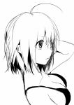  1girl ahoge black_bikini_top breasts commentary_request from_side greyscale kawai_makoto large_breasts monochrome profile short_hair simple_background solo upper_body white_background 
