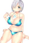  1girl aqua_bikini barefoot bikini blue_bikini blue_eyes breasts buta_tamako collarbone hair_over_one_eye hairband hamakaze_(kantai_collection) highres holding holding_spoon kantai_collection large_breasts shaved_ice short_hair silhouette silver_hair solo spoon swimsuit toes white_background 