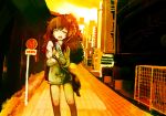  1girl bottle brown_eyes brown_hair building city cowboy_shot fence holding holding_bottle kantai_collection legs limited_palette looking_at_viewer one_eye_closed open_mouth ramune rigging road road_sign shoulder_strap sign solo speaking_tube_headset turret urban yoshioka_yoshiko yukikaze_(kantai_collection) 