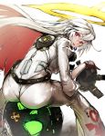  1girl :p ass belt candy food gloves guilty_gear guilty_gear_xrd halo highres jack-o&#039;_valentine lollipop looking_back mask mask_removed multicolored_hair nishiide_kengorou red_eyes redhead sitting solo tongue tongue_out two-tone_hair white_background white_hair 