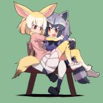  2girls :d animal_ears blonde_hair brown_eyes common_raccoon_(kemono_friends) eyebrows_visible_through_hair fang fennec_(kemono_friends) fox_ears fox_tail green_background grey_hair highres kemono_friends looking_at_another medium_hair multicolored_hair multiple_girls open_mouth pleated_skirt raccoon_ears raccoon_tail simple_background sitting sitting_on_lap sitting_on_person skirt smile striped_tail tail teranekosu thigh-highs white_hair white_skirt yellow_legwear 