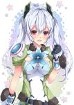  1girl ahoge belt breasts cleavage eyebrows_visible_through_hair floating_hair gloves hair_between_eyes hair_ornament long_hair looking_at_viewer matoi_(pso2) medium_breasts milkpanda open_mouth phantasy_star phantasy_star_online_2 red_eyes short_sleeves silver_hair solo standing twintails upper_body very_long_hair white_background 
