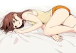  1girl bed_sheet breast_squeeze breasts brown_eyes brown_hair commentary_request frown green_shirt green_tank_top kawai_makoto lying medium_breasts on_bed on_side orange_shorts sheet_grab shirt short_hair shorts simple_background solo tank_top upset white_background 