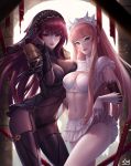  2girls bodysuit breasts citemer cleavage covered_navel cowboy_shot fate/grand_order fate_(series) hair_intakes highres lifted_by_self long_hair looking_at_viewer medb_(fate/grand_order) medium_breasts multiple_girls pauldrons pink_hair purple_bodysuit purple_hair red_eyes scathach_(fate/grand_order) skirt skirt_lift smile tiara veil 