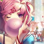  1girl blue_shirt blurry blurry_background bracelet bubble_blowing chewing_gum collarbone doki_doki_literature_club eyebrows_visible_through_hair hair_ornament hairclip hannah_santos highres jewelry looking_at_viewer natsuki_(doki_doki_literature_club) one_eye_closed pink_eyes pink_hair ring shirt short_hair solo star star-shaped_pupils symbol-shaped_pupils teeth two_side_up v winking 