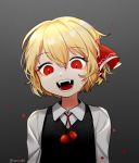  1girl arin_(fanfan013) blonde_hair commentary_request fangs gradient gradient_background hair_between_eyes hair_ribbon long_sleeves looking_at_viewer open_mouth red_eyes red_ribbon ribbon rumia short_hair slit_pupils smile solo touhou upper_body vest wing_collar 