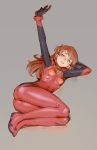  1girl blue_eyes grey_background highres lying neon_genesis_evangelion on_side outstretched_arm plugsuit redhead simple_background smile solo souryuu_asuka_langley tim_loechner 