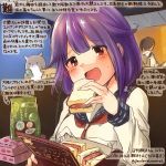  breasts commentary_request hair_flaps kantai_collection kirisawa_juuzou large_breasts long_hair long_sleeves looking_at_viewer low_twintails neckerchief purple_hair red_eyes school_uniform serafuku taigei_(kantai_collection) translation_request twintails 