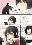  2girls black_hair blue_eyes blush braid comic food hair_over_shoulder hand_puppet highres jacket kantai_collection long_hair mouth_hold multiple_girls pocky pocky_kiss puppet red_jacket shared_food shigure_(kantai_collection) short_hair single_braid smile surprised track_jacket twitter_username upper_body yamashiro_(kantai_collection) yukichi_(eikichi) 