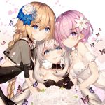  3girls bare_shoulders blonde_hair blue_eyes blush bouquet braid breasts butterfly cleavage dress eyebrows_visible_through_hair fate/grand_order fate_(series) flower hair_flower hair_ornament hair_over_one_eye long_hair looking_at_viewer marie_antoinette_(fate/grand_order) multiple_girls necomi open_mouth purple_hair ruler_(fate/apocrypha) shielder_(fate/grand_order) short_hair signature silver_hair single_braid smile twintails violet_eyes 