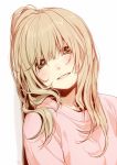  1girl bangs blonde_hair blush commentary_request green_eyes kawai_makoto long_hair long_sleeves looking_at_viewer nose_blush pink_sweater simple_background solo sweater upper_body white_background 
