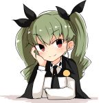  1girl anchovy anzio_school_uniform bangs barashiya black_cape black_neckwear black_ribbon cape chin_rest closed_mouth dress_shirt drill_hair eyebrows_visible_through_hair girls_und_panzer green_hair hair_ribbon hand_on_own_face highres long_hair long_sleeves looking_at_viewer necktie portrait red_eyes ribbon school_uniform shirt smile solo twin_drills twintails white_shirt 