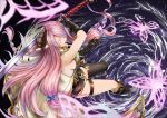 1girl asymmetrical_gloves bare_shoulders black_gloves black_legwear blush braid breasts butterfly closed_eyes doraf elbow_gloves from_above full_body gloves granblue_fantasy hair_ornament hair_over_one_eye high_heels holding holding_sword holding_weapon horns iroia katana large_breasts lavender_hair long_hair low_tied_hair narumeia_(granblue_fantasy) parted_lips pointy_ears sideboob single_braid single_thighhigh sleeveless solo sword thigh-highs thigh_strap very_long_hair water weapon 