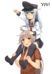  2girls :d age_difference ahoge alternate_headwear arm_up black_hat black_legwear black_skirt blue_eyes blue_hair blush breasts brown_eyes carrying child cleavage eyebrows_visible_through_hair facial_scar fang fingerless_gloves gangut_(kantai_collection) gloves hair_between_eyes hat hibiki_(kantai_collection) highres kantai_collection long_hair long_sleeves medium_breasts miniskirt multiple_girls neckerchief no_shoes open_mouth pleated_skirt raised_fist red_neckwear red_shirt revision russian scar school_uniform serafuku shirt shoulder_carry silver_hair simple_background skirt smile soil_chopsticks thigh-highs translated upper_body white_background white_shirt zettai_ryouiki 