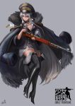  1girl black_footwear blazer blue_hair bolt_action boots breasts choker cleavage closed_mouth copyright_name english eyebrows_visible_through_hair full_body fur girls_frontline grey_background gun hair_between_eyes high_heels holding holding_gun holding_weapon jacket jacket_on_shoulders kar98k_(girls_frontline) lion_(dielion) logo long_hair looking_away mauser_98 medium_breasts red_eyes rifle shell_casing skirt smoke solo thigh-highs thigh_boots weapon white_skirt 