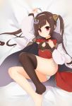  1girl ahoge anchor_hair_ornament arm_up ass asymmetrical_legwear azur_lane black_legwear brown_hair china_dress chinese_clothes dress flat_chest hair_ornament hairband hand_up highres hijouguti long_hair looking_at_viewer lying on_back on_bed panties ping_hai_(azur_lane) red_eyes side-tie_panties single_thighhigh thigh-highs twintails underwear white_panties 