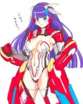  1girl armor bangs blue_eyes blunt_bangs blush breasts breasts_apart clenched_hands closed_mouth copyright_request cowboy_shot eyebrows_visible_through_hair gauntlets hairband headgear headphones highres legs_apart leotard medium_breasts navel purple_hair revealing_clothes sketch smile solo standing tetsu_(kimuchi) white_leotard 