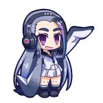  1girl :d black_hair blue_hair blush chibi full_body giant_penguin_(kemono_friends) headphones jacket kemono_friends long_hair looking_at_viewer multicolored_hair nanarokushiki no_nose open_mouth silver_hair simple_background skirt sleeves_past_wrists smile solo thick_eyebrows very_long_hair violet_eyes white_background 