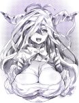  1girl antenna_hair bandage breasts capelet cleavage danua doraf fingerless_gloves gloves granblue_fantasy hair_between_eyes horns large_breasts long_hair monochrome naked_bandage pointy_ears sketch upper_body zunta 