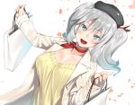  1girl :d bag beret blue_eyes breasts collarbone eyebrows_visible_through_hair h_kasei hat holding jacket kantai_collection kashima_(kantai_collection) kerchief large_breasts long_hair long_sleeves open_clothes open_jacket open_mouth shopping_bag silver_hair smile solo two_side_up white_background white_jacket 