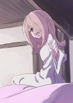  1girl :d bed bright_pupils bunk_bed dress from_side hair_over_one_eye highres indoors little_witch_academia long_hair long_sleeves looking_at_viewer on_bed one_eye_covered open_mouth pink_hair red_eyes sharp_teeth sitting smile solo sucy_manbavaran tama teeth vial white_dress wide_sleeves 