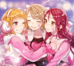  3girls :d ^_^ ahoge bangs blurry blush bokeh bow brown_hair choker closed_eyes commentary_request depth_of_field earrings facial_mark fringe fur_collar grin hair_bow hairband half_updo heart highres jacket jewelry long_hair long_sleeves love_live! love_live!_sunshine!! miracle_wave multiple_girls nail_polish open_mouth orange_eyes orange_hair pink_nails pink_neckwear print_shirt red_eyes redhead sakurauchi_riko shirt short_hair smile star star_earrings sudach_koppe takami_chika upper_body v watanabe_you 