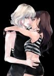  atomic_blonde blonde_hair blue_eyes brown_eyes brown_hair commentary_request delphine_lasalle highres hug looking_at_viewer lorraine_broughton shorts yuri 