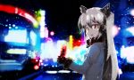  1girl animal_ears blurry bottle brown_eyes city city_lights coat colored_tips depth_of_field eyelashes fox_ears fur_trim glowing grey_hair holding holding_bottle kemono_friends long_hair looking_at_viewer multicolored_hair night open_mouth road silver_fox_(kemono_friends) soda_bottle solo street two-tone_hair upper_body yoshioka_yoshiko 