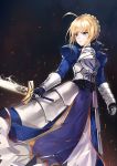  1girl ahoge armor artoria_pendragon_(all) bangs blonde_hair blue_dress braid breastplate dress embers eyebrows_visible_through_hair fate/grand_order fate_(series) faulds french_braid gauntlets green_eyes holding holding_sword holding_weapon juliet_sleeves long_sleeves looking_to_the_side parted_lips puffy_sleeves saber serious sidelocks solo standing sword tsurime weapon yumaomi 