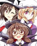  3girls aki_chimaki blonde_hair bow brown_eyes brown_hair commentary_request fedora glasses hat hat_bow highres looking_at_viewer maribel_hearn mob_cap multiple_girls necktie one_eye_closed open_mouth red_glasses red_neckwear short_hair smile touhou usami_renko usami_sumireko violet_eyes white_bow 
