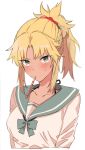  1girl alternate_costume blonde_hair blush braid cropped_torso fate/apocrypha fate/grand_order fate_(series) food_request french_braid green_eyes mouth_hold ponytail saber_of_red school_uniform serafuku solo sweatdrop wani_(mezo) 