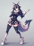  1girl animal_ears black_hair blue_eyes breasts contrapposto covered_navel full_body fur_collar fur_trim gloves gradient_legwear grey_wolf_(kemono_friends) hair_between_eyes hand_on_hip hand_up heterochromia highres kemono_friends large_breasts long_hair looking_at_viewer multicolored_hair necktie parted_lips plaid plaid_skirt pleated_skirt poifuru shadow skindentation skirt smile solo standing tail thigh-highs two-tone_hair white_gloves white_hair wolf_ears wolf_tail yellow_eyes 