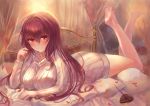  1girl barefoot bed blush breasts chocolate chocolate_heart closed_mouth fate/grand_order fate_(series) heart large_breasts long_hair looking_at_viewer lying on_bed on_stomach petals red_eyes redhead scathach_(fate/grand_order) smile solo sweater turtleneck turtleneck_sweater white_sweater yahiro_(666131415) 
